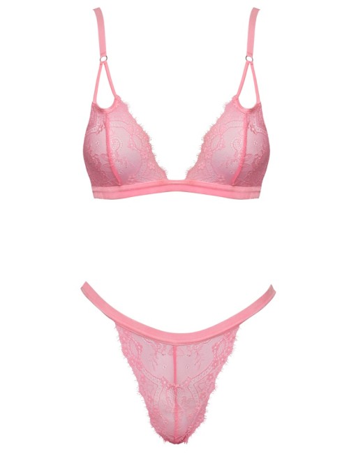 Ensemble lingerie en dentelle rose fluo sans armatures - Cottelli FANTASY