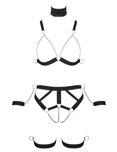 Ensemble harnais pour la poitrine et les hanches avec menottes pour le cou et les mains incluses.