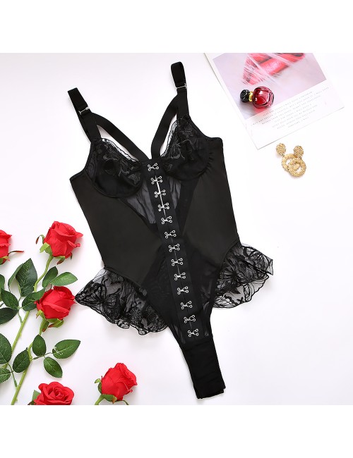 Body en Dentelle et Voile Tulle à Volants – Noir