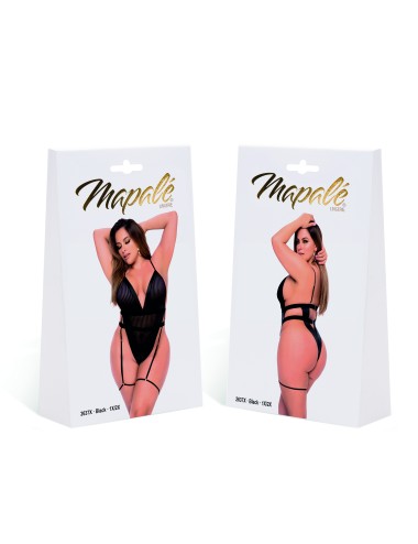 Body Sexy Grande Taille en Tulle Rayé & Détails Simili Cuir — Mapalé 2637X