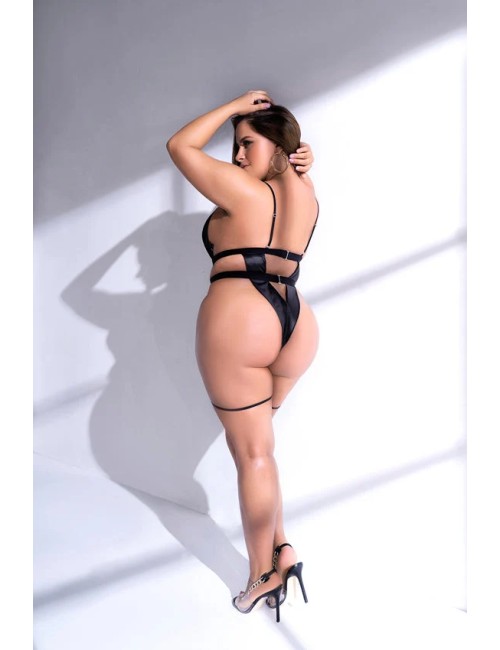Body Sexy Grande Taille en Tulle Rayé & Détails Simili Cuir — Mapalé 2637X
