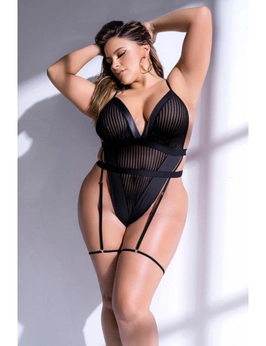 Body Sexy Grande Taille en Tulle Rayé & Détails Simili Cuir — Mapalé 2637X