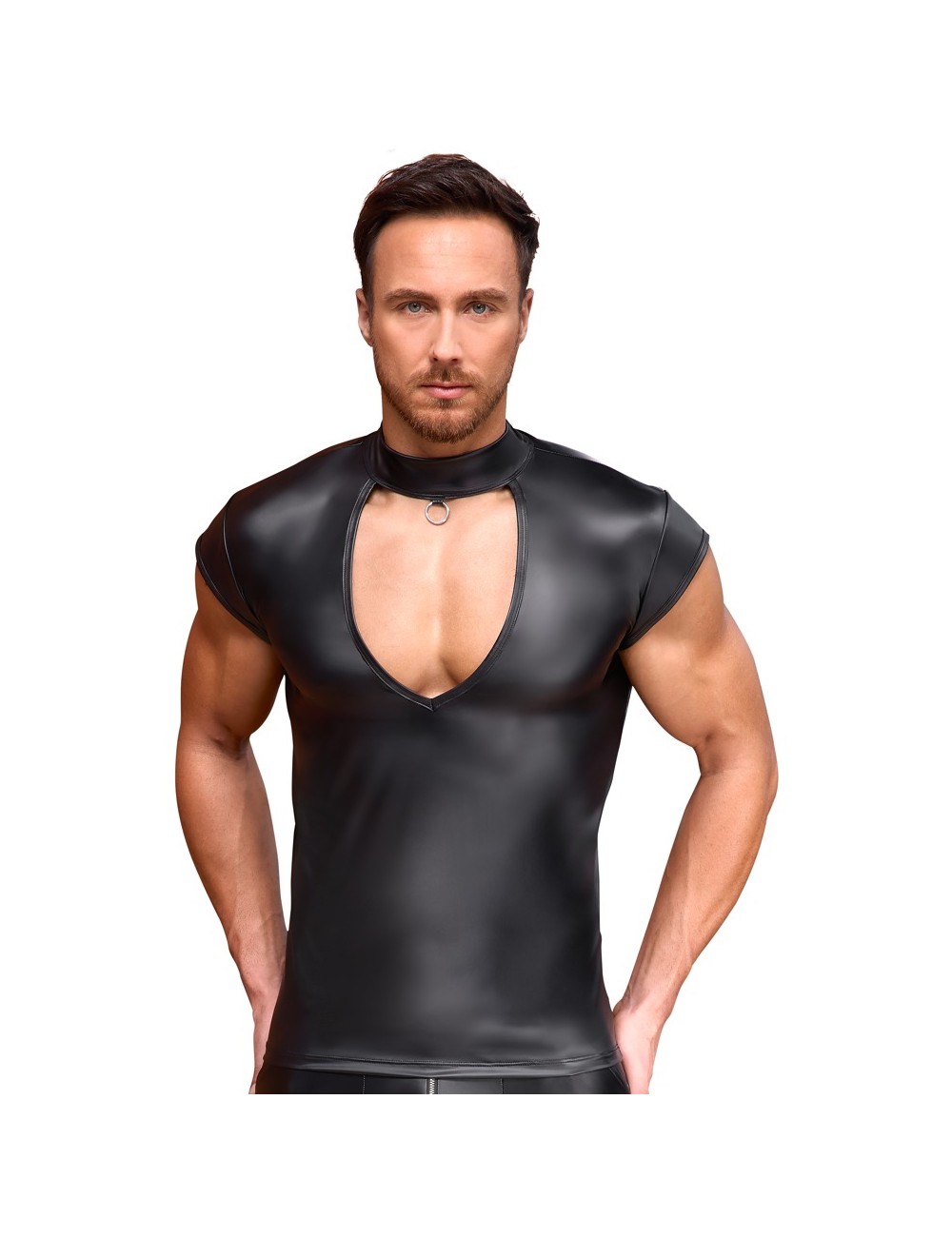 Chemise Noire Col Montant et Découpe V Nek