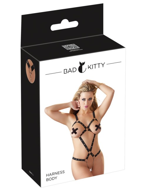 Harnais chaînes Bad Kitty noir en sangles cloutées