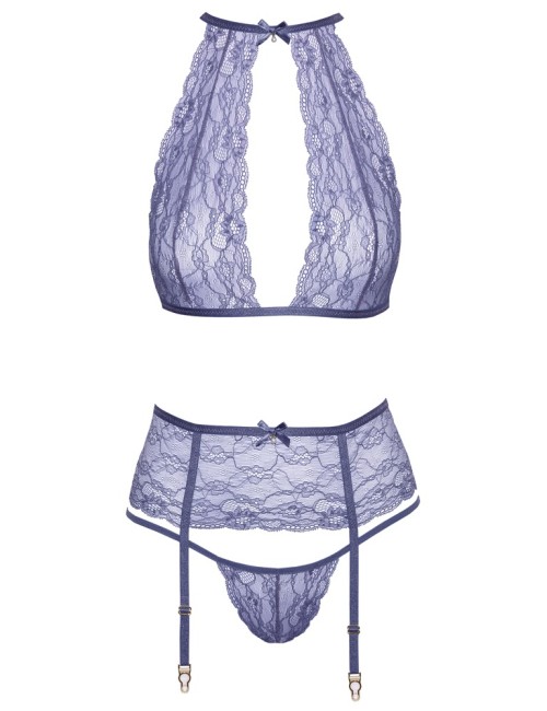 Ensemble lingerie Kissable lavande 3 pièces en dentelle avec porte-jarretelles