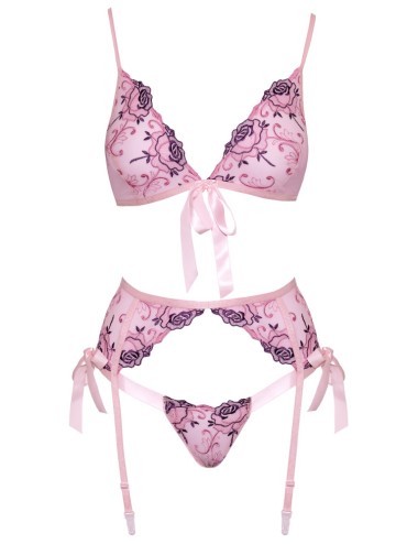 Ensemble lingerie Kissable rose floral 3 pièces avec porte-jarretelles