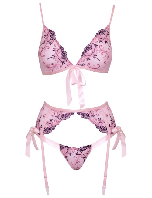 Ensemble lingerie Kissable rose floral 3 pièces avec porte-jarretelles