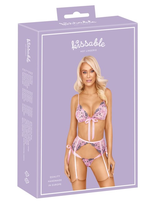 Ensemble lingerie Kissable rose floral 3 pièces avec porte-jarretelles