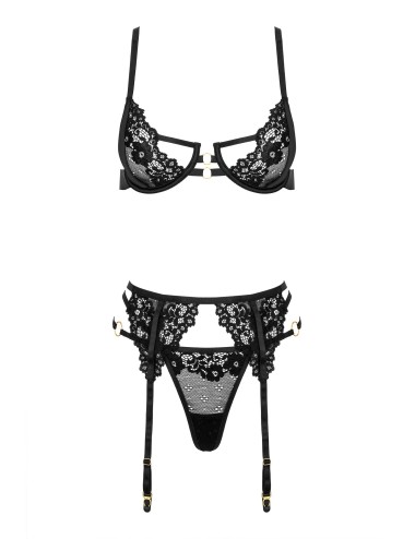 Ensemble lingerie sexy Kotek noir 3 pièces dentelle femme