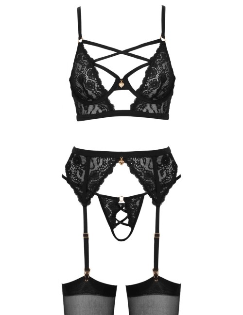 Ensemble porte-jarretelles 3 pièces Cottelli en dentelle noire