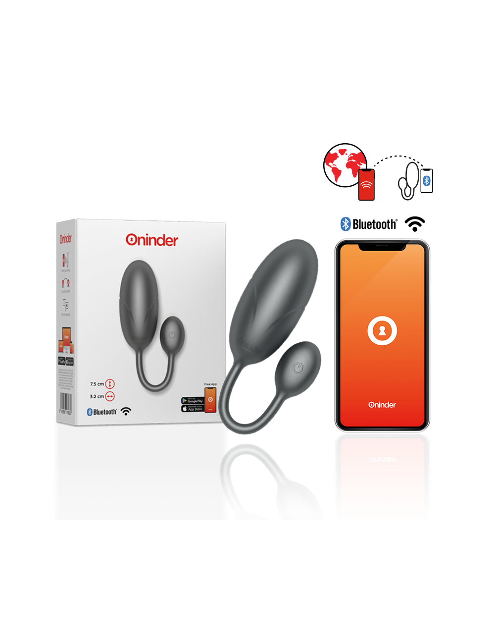 ONINDER TOKYO Œuf Vibrant Noir 7,5 x 3,2 cm avec Application Gratuite