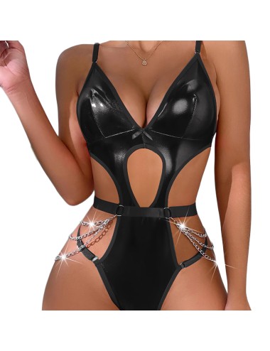 Body sensuel ajouré noir en simili cuir DE NAMOUR
