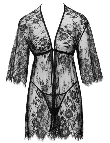 Kimono court en dentelle transparente noire avec string