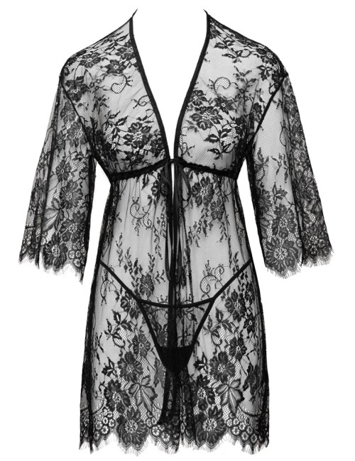 Kimono court en dentelle transparente noire avec string