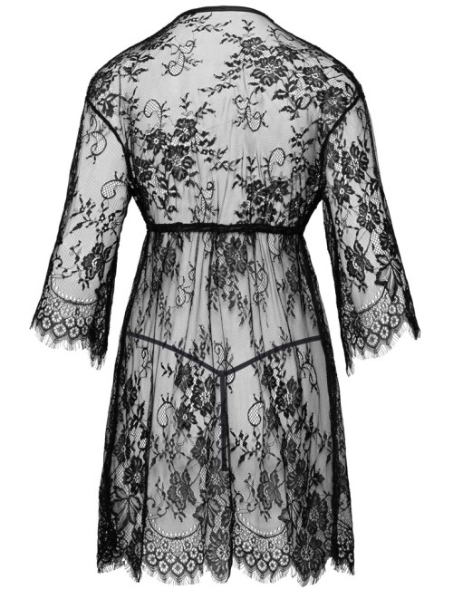 Kimono court en dentelle transparente noire avec string