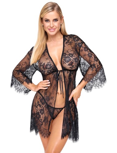 Kimono court en dentelle transparente noire avec string