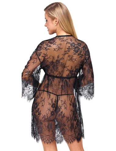 Kimono court en dentelle transparente noire avec string