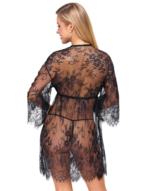Kimono court en dentelle transparente noire avec string