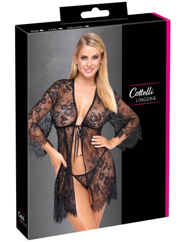 Kimono Transparent en Dentelle Noire & String | Rosélyse Lingerie