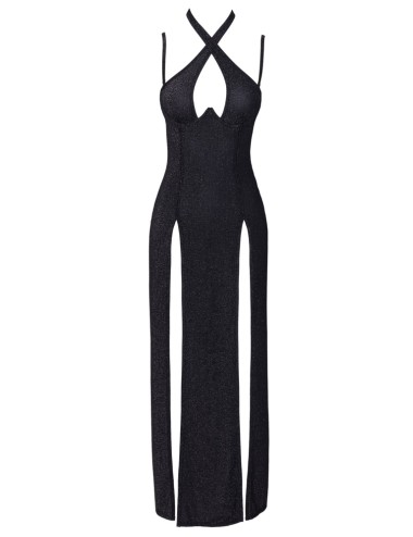 Robe longue à décolleté plongeant noire argentée - Cottelli PARTY