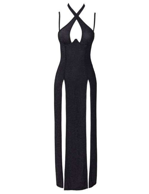 Robe longue à décolleté plongeant noire argentée - Cottelli PARTY